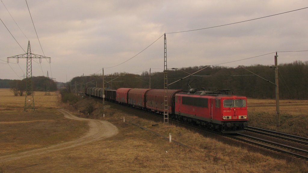 155 036-7 mit gemischten GZ Richtung Saarmund am 05.03.2011 durch Nudow.