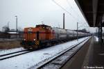 Lok 60 (293 060-0) ex DR (110 890-1) ArcelorMittal Eisenhttenstadt GmbH mit einem Kesselzug in Rathenow in Richtung Wustermark unterwegs. 07.02.2012