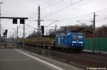 145 023-6 PRESS (145 083-2) mit leeren Holzzug in Rathenow in Richtung Wustermark unterwegs. 17.01.2012