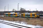 VT 650.077  Eberswalde  (650 077-0) ODEG - Ostdeutsche Eisenbahn GmbH als OE51 (OE 68967) von Rathenow nach Brandenburg Hbf in Rathenow. VT 646.044 hlt immer noch die Stellung :D. 13.02.2012