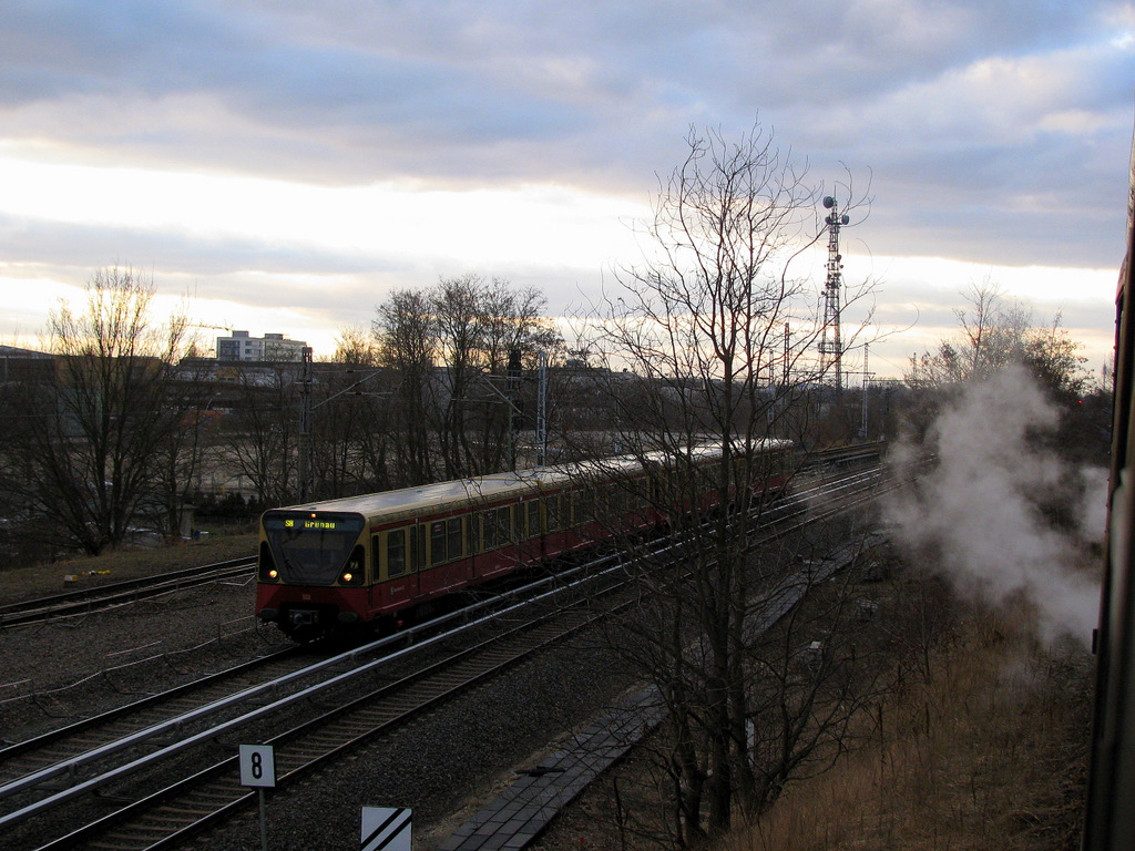 Whrend der Dampfsonderzug auf Einfahrt in den Bahnhof Berlin Schneweide am 07.03.2010 wartete, gesellte ich mich ans offene Fenster und fotografierte diese 4-wgige S 8 nach Berlin Grnau.