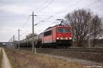 155 207-4 mit Kesselzug die mit Schwefel, geschmolzen befllt sind zwischen Growudicke und Rathenow in Richtung Stendal unterwegs. 28.03.2011