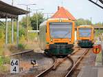 Kreuzung der Regionalbahnen der ODEG der Linie 60, VT 650.62 als OE 79314 nach Berlin Lichtenberg und VT 650.70 als OE 79317 nach Frankfurt Oder in Bad Freienwalde am 12.